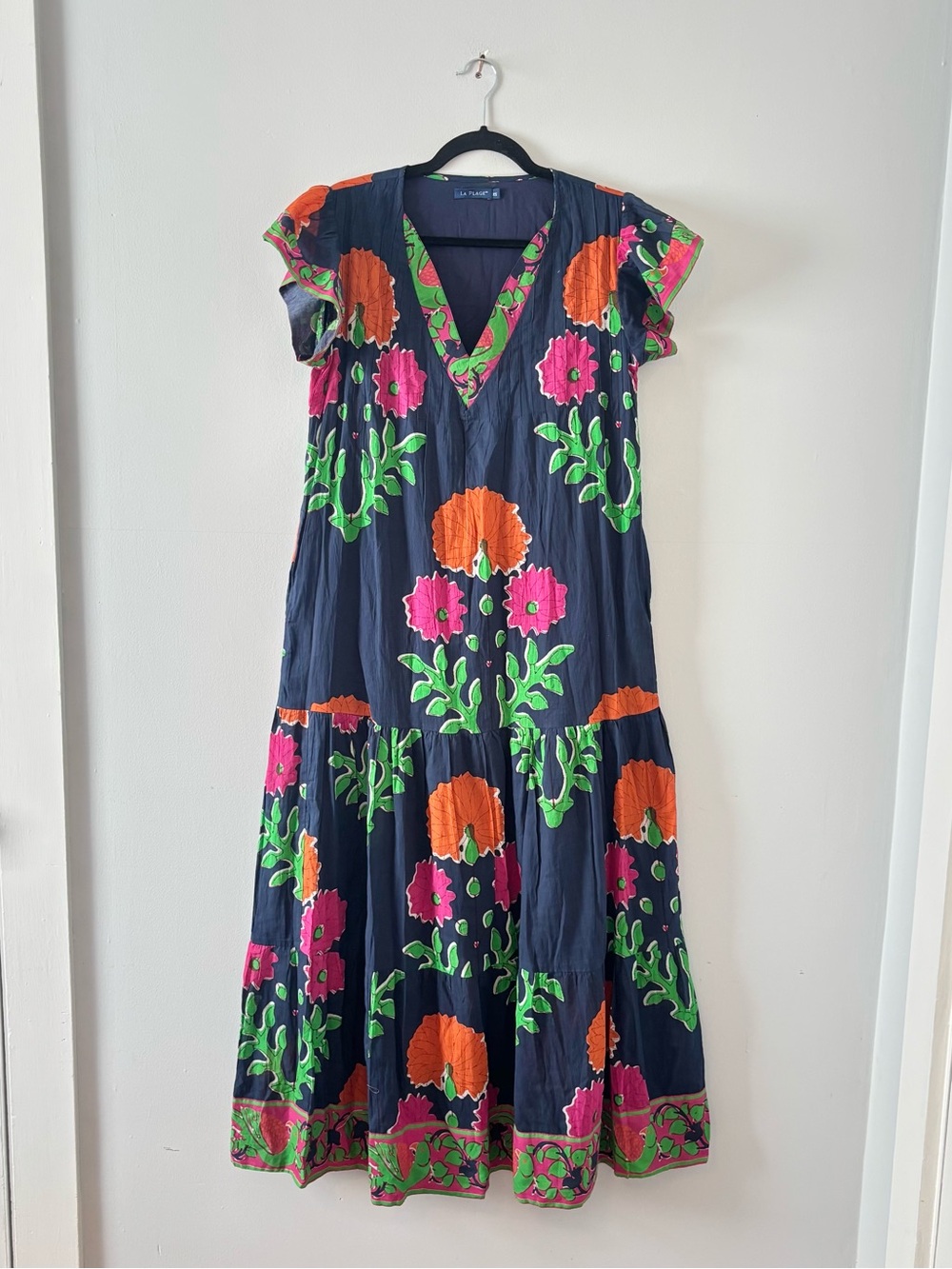 La Plage Floral Print Maxi Dress Short-Sleeve Tiered V-Neck Navy Blue Flowers